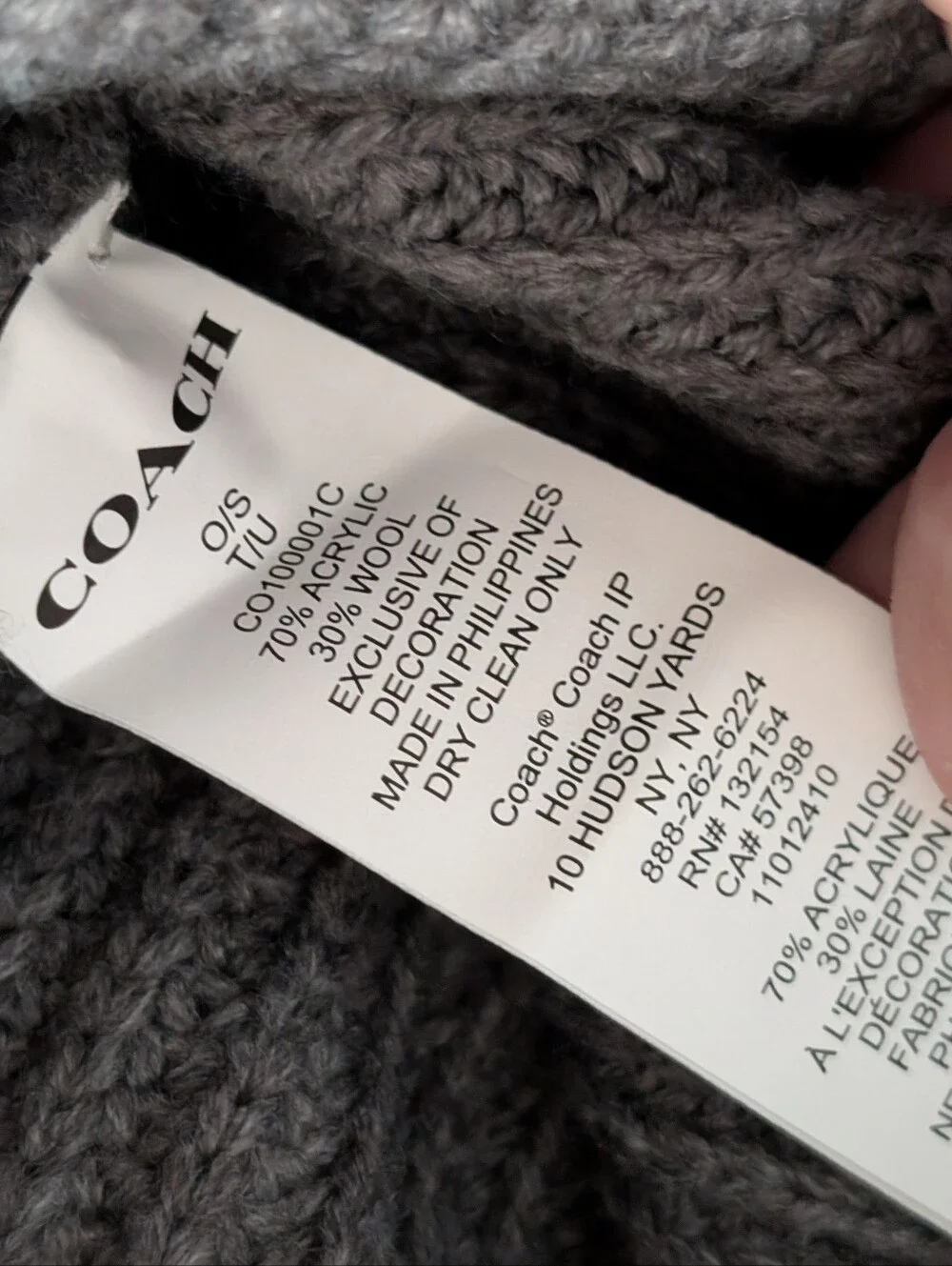 Coach Gray Ribbed Knit Beanie with Logo Patch
